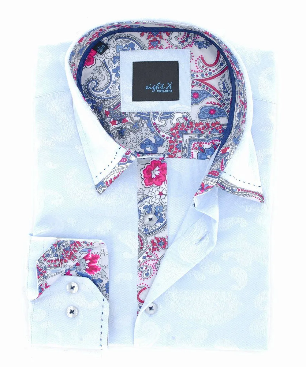 Slim Fit Light Blue Paisley Cotton Dress Shirt