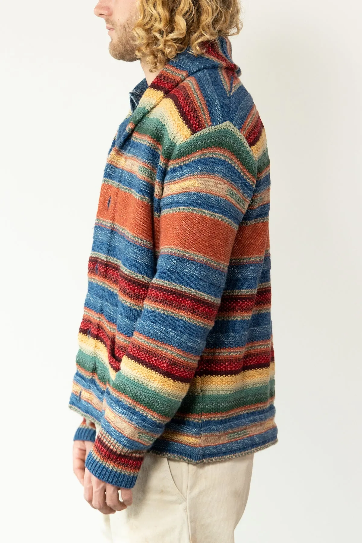 Striped Shawl Collar Cardigan - Indigo/Rust Multi