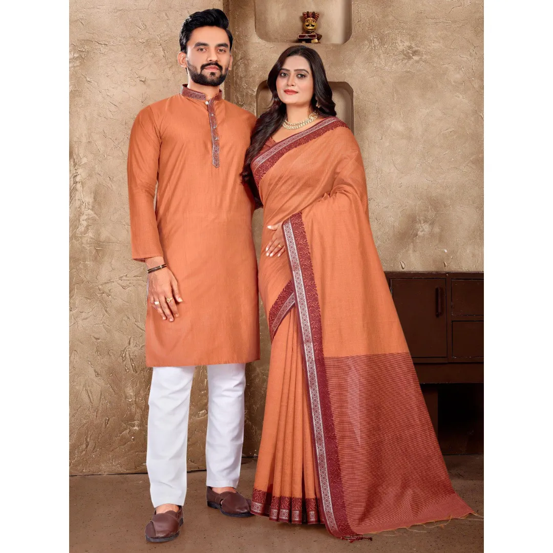 Traditional Couples Wear Men's Kurta Pant and Women's Saree