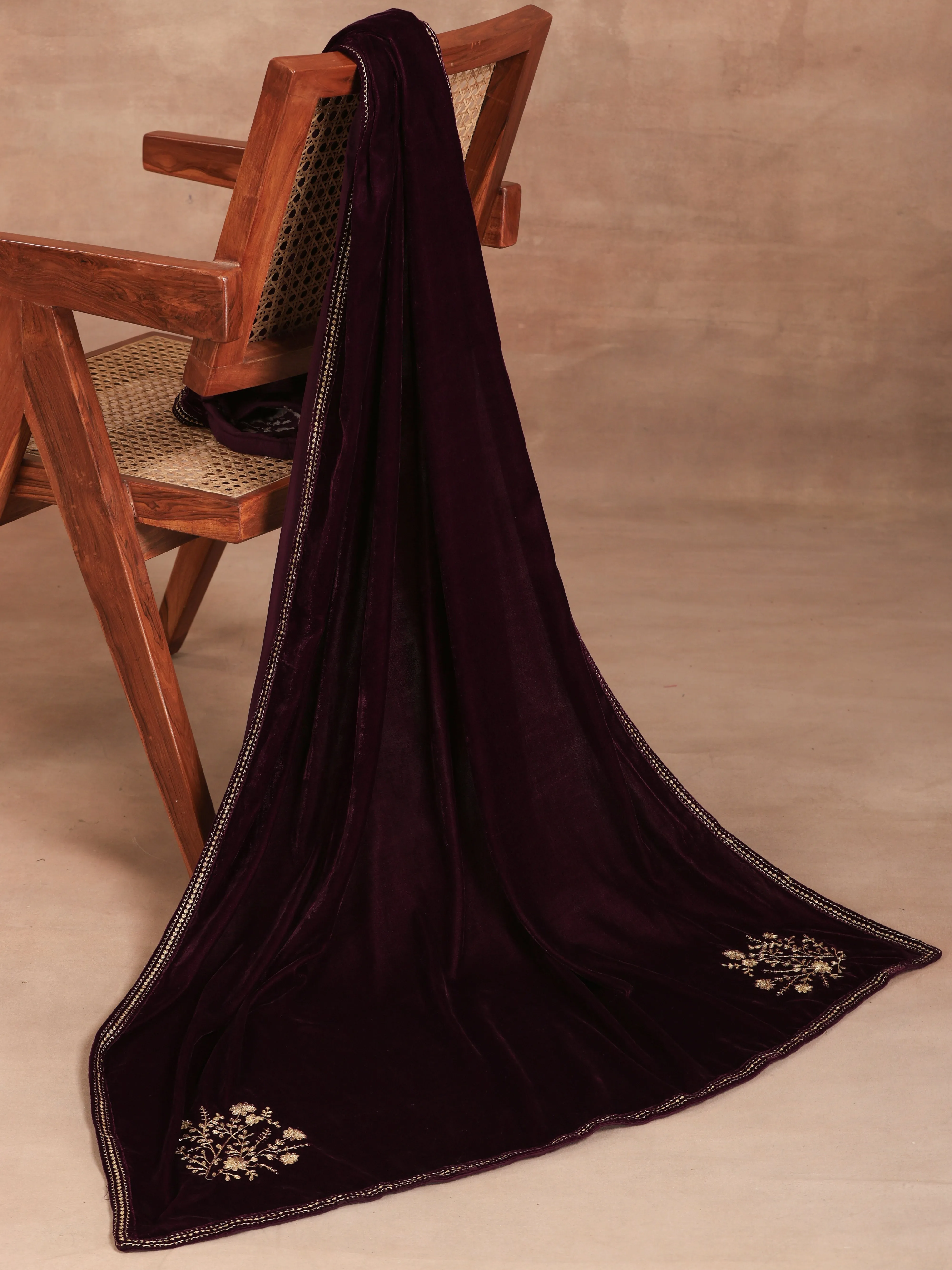 trueBrowns Wine Velvet Embroidered Shawl