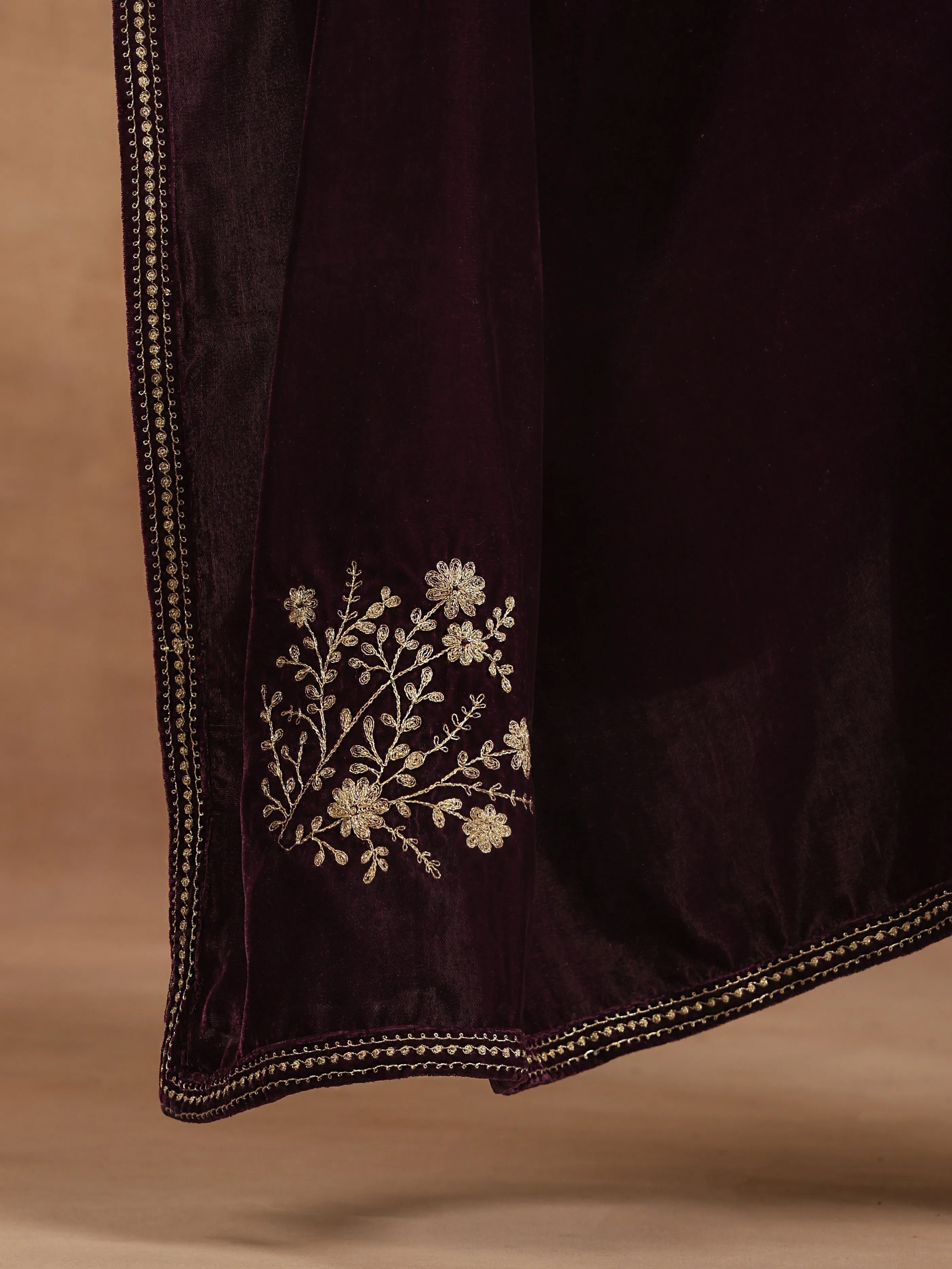 trueBrowns Wine Velvet Embroidered Shawl