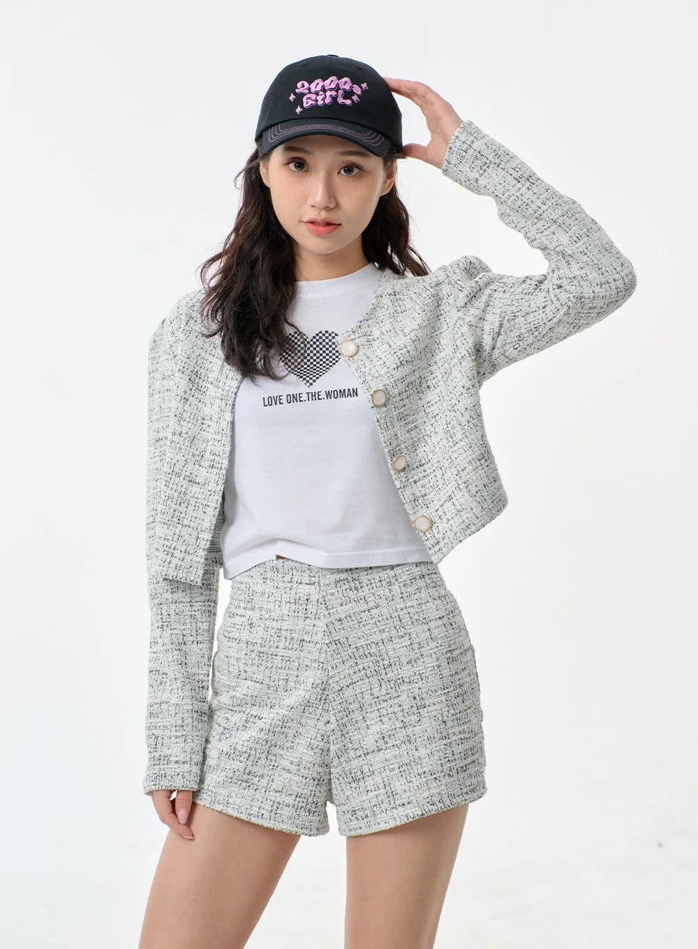 Tweed Cropped Cardigan And Shorts Set BF301