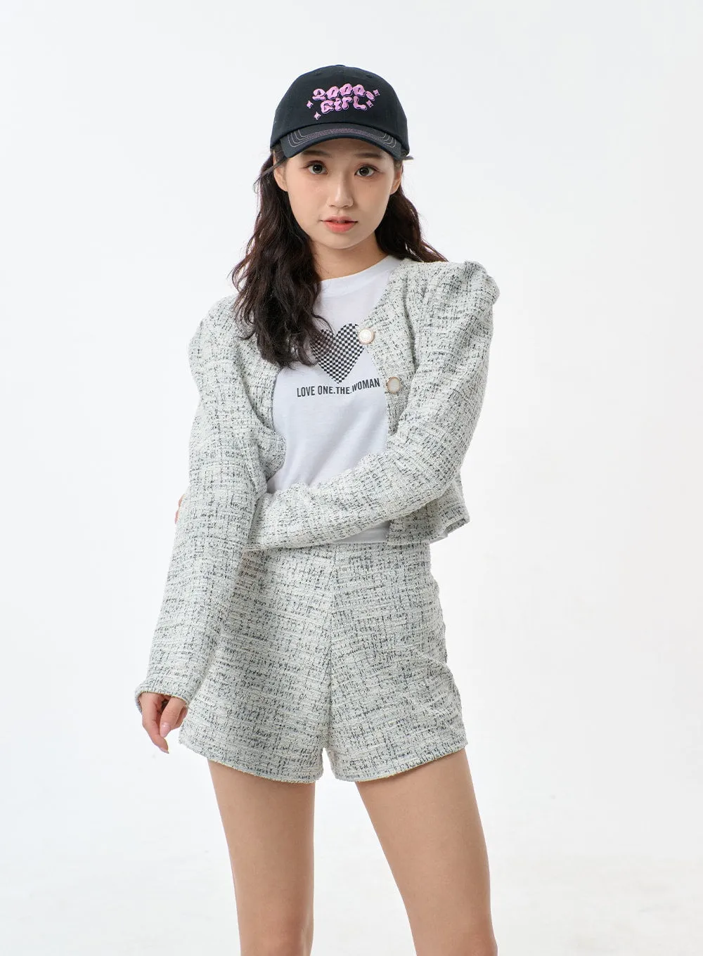 Tweed Cropped Cardigan And Shorts Set BF301