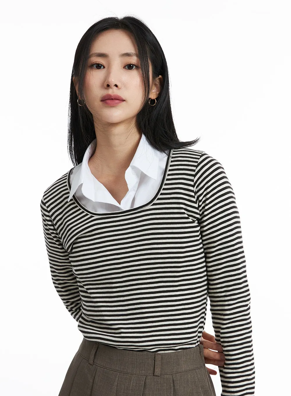 U-Neck Stripe Long Sleeve Tee OO319