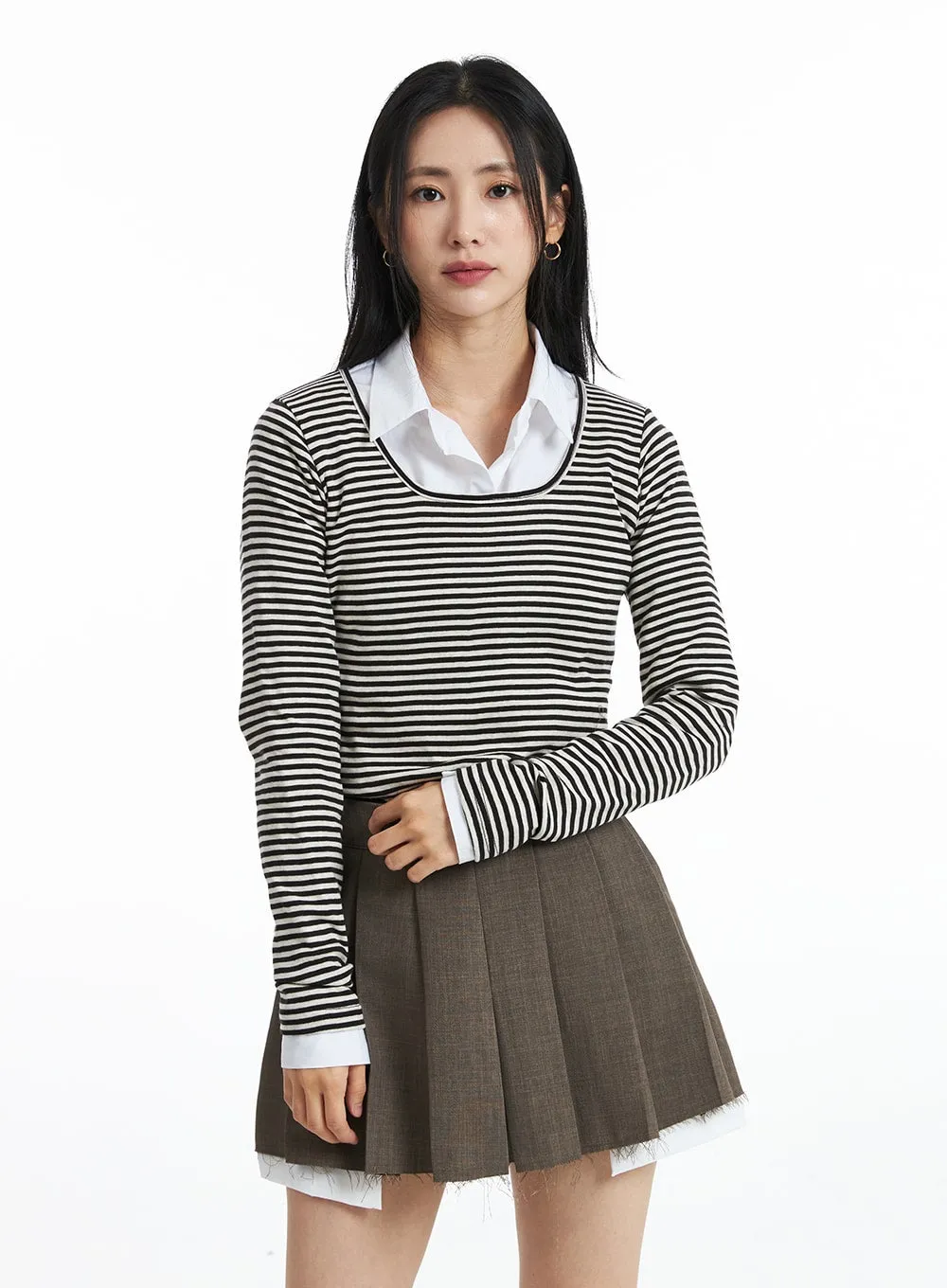 U-Neck Stripe Long Sleeve Tee OO319