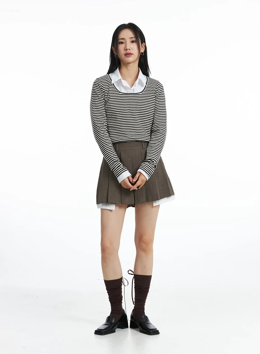 U-Neck Stripe Long Sleeve Tee OO319