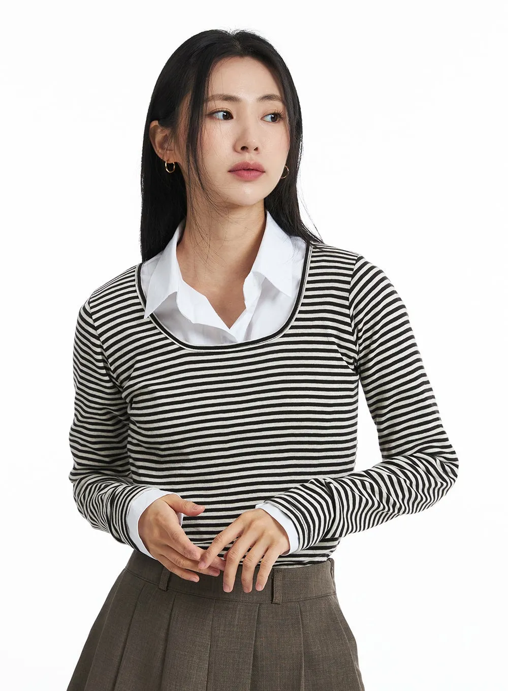 U-Neck Stripe Long Sleeve Tee OO319