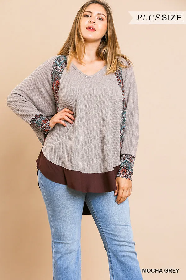 Umgee Scarf Print Long Sleeve Waffle Knit Top-PLUS SIZE