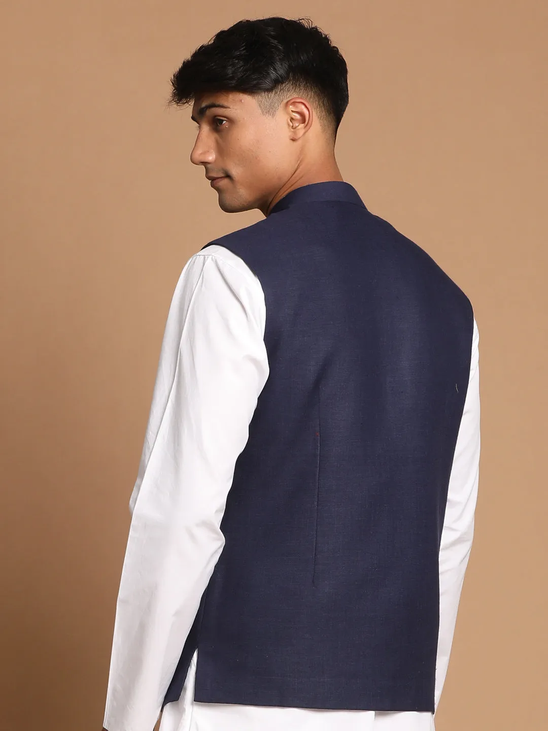 VASTRAMAY  Navy Blue Cotton Blend Nehru Jacket