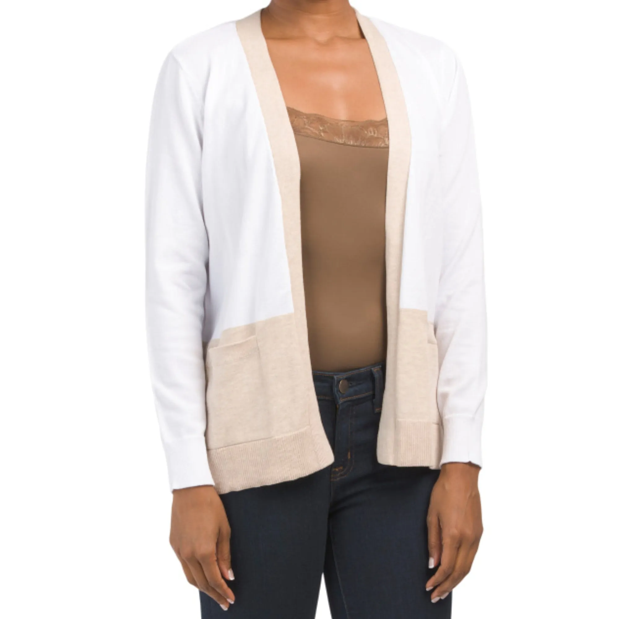 VERVE AMI Women's Color Block Open Front Lightweight Knit Cardigan