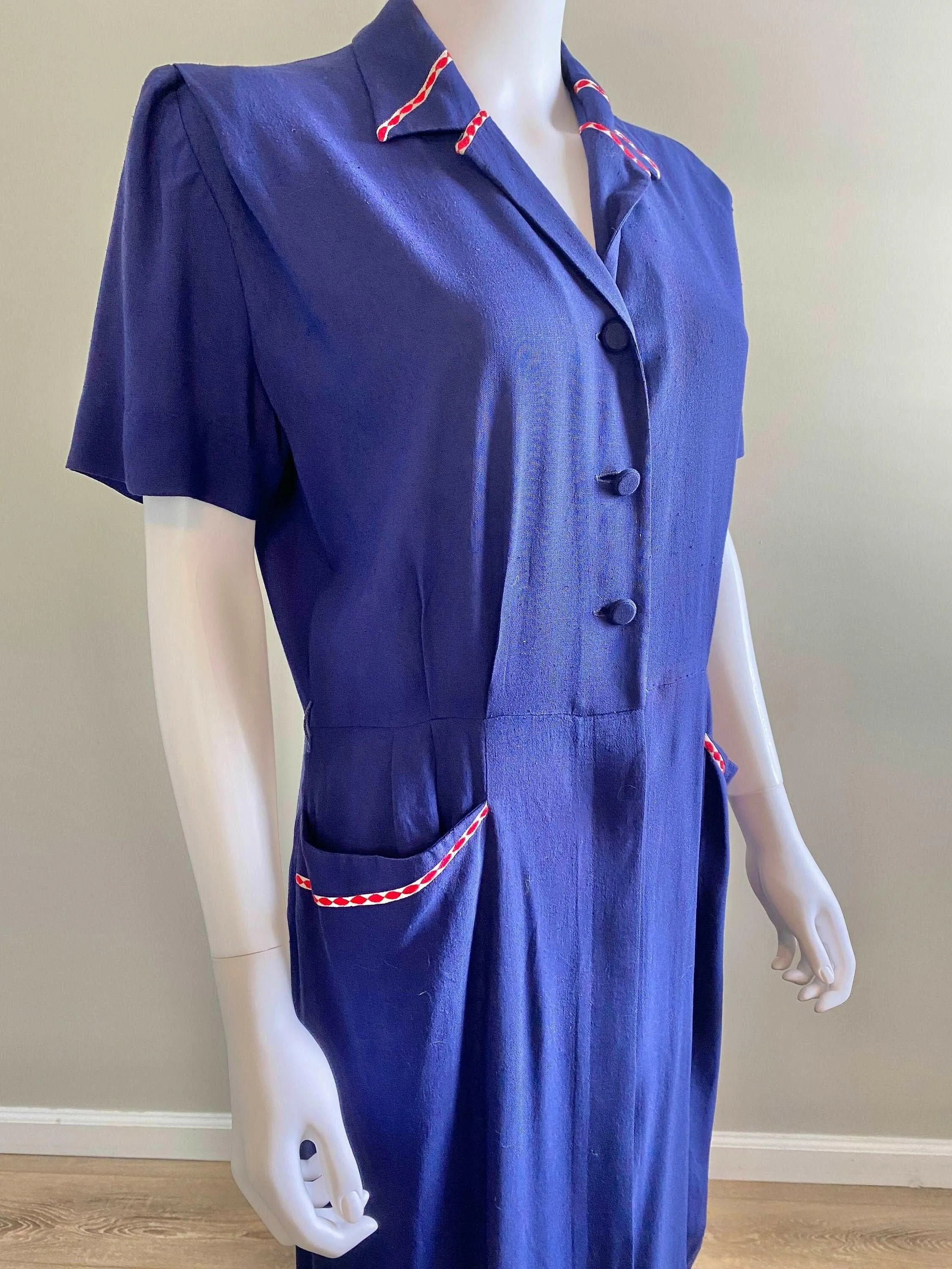 Vintage 1940s Navy Blue Rayon Dress / 40s retro day dress / Size L XL