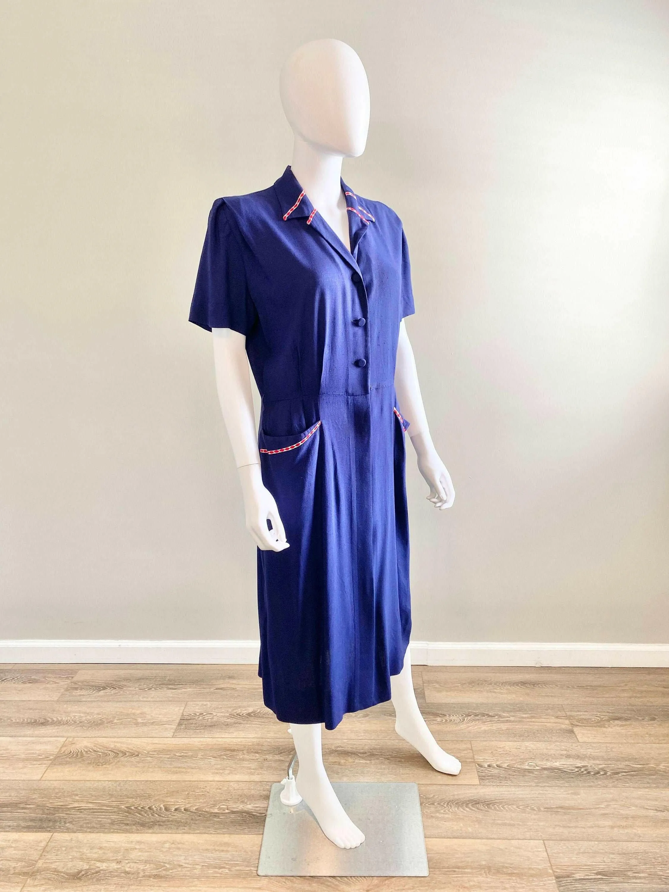 Vintage 1940s Navy Blue Rayon Dress / 40s retro day dress / Size L XL