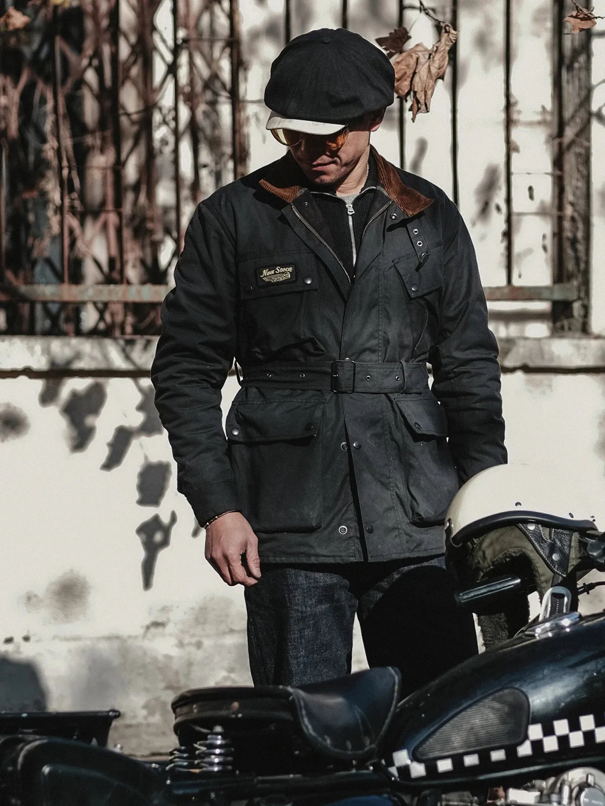 Vintage Waxed Motorcycle Jacket Men's Coat - Belted Mid-Length