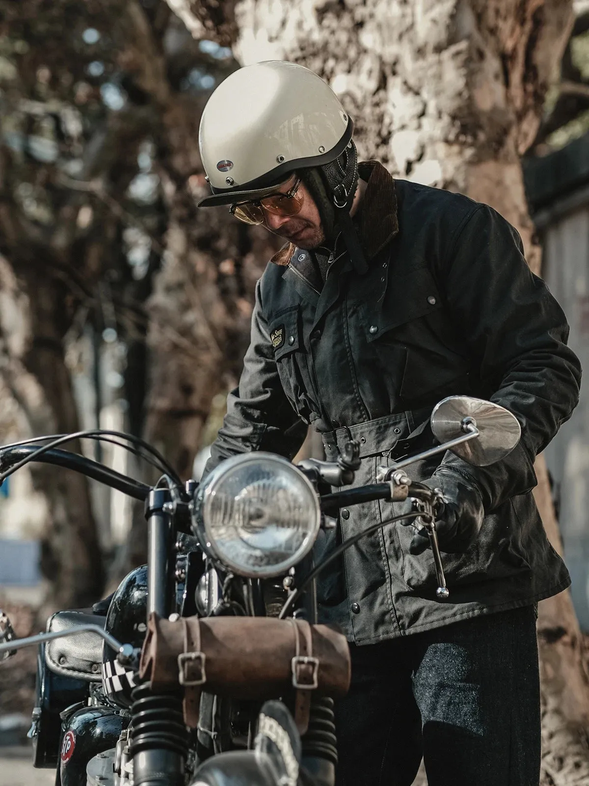 Vintage Waxed Motorcycle Jacket Men's Coat - Belted Mid-Length