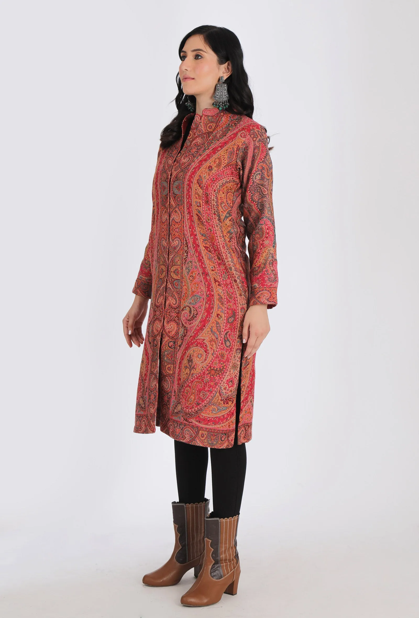 Waheeda vermalion red Kani Jamavar Long Coat Outer Jacket