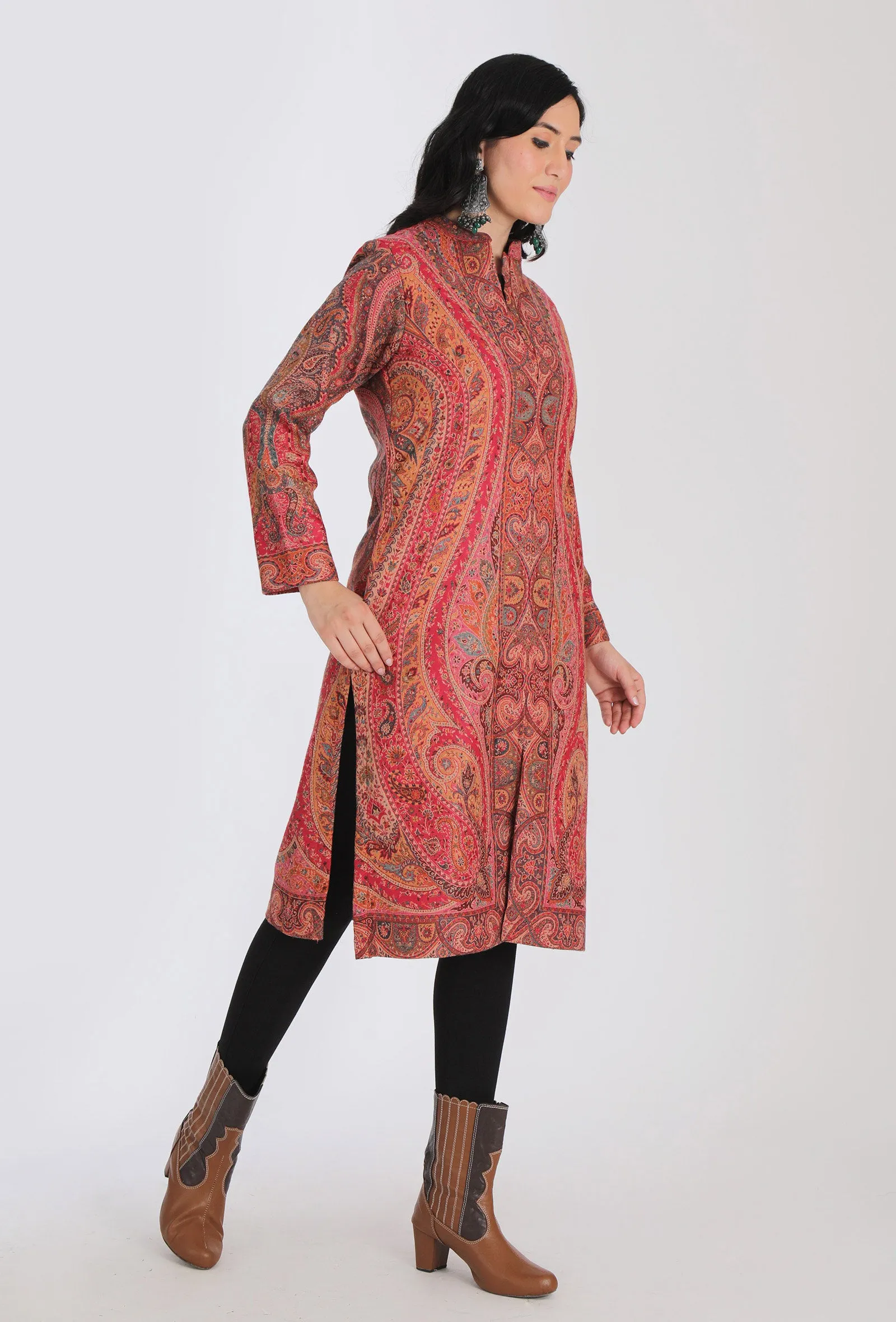 Waheeda vermalion red Kani Jamavar Long Coat Outer Jacket