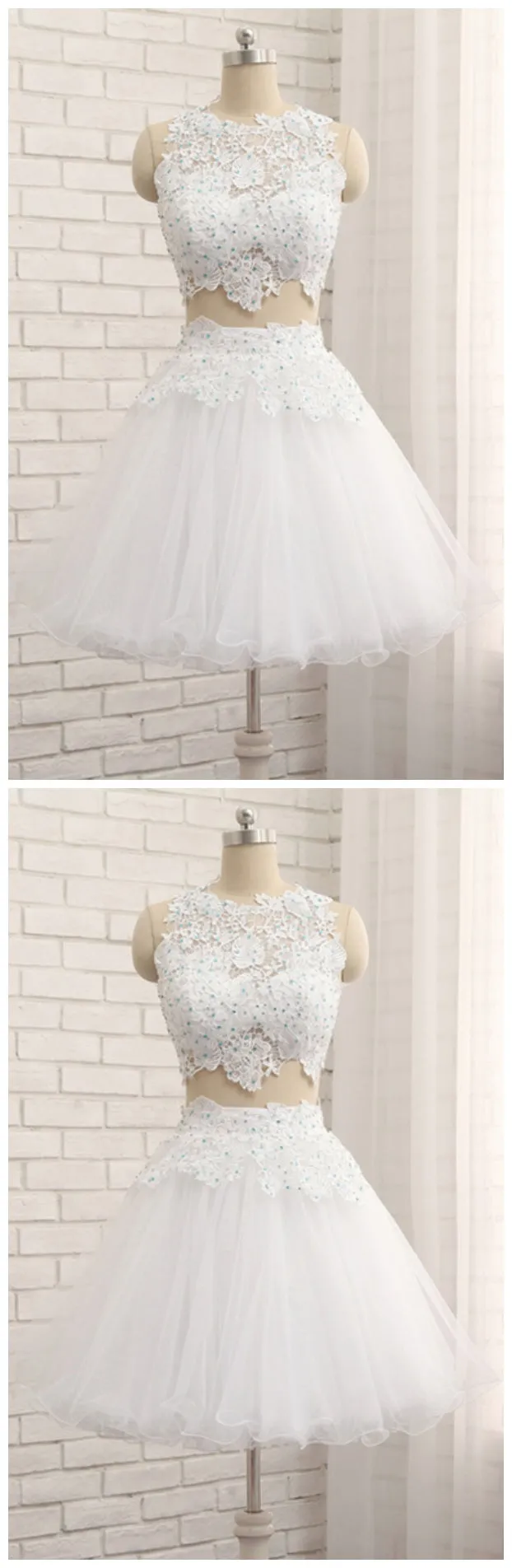 White Lace Juniors Prom Dress Two Piece Homecoming Dress, 21121319