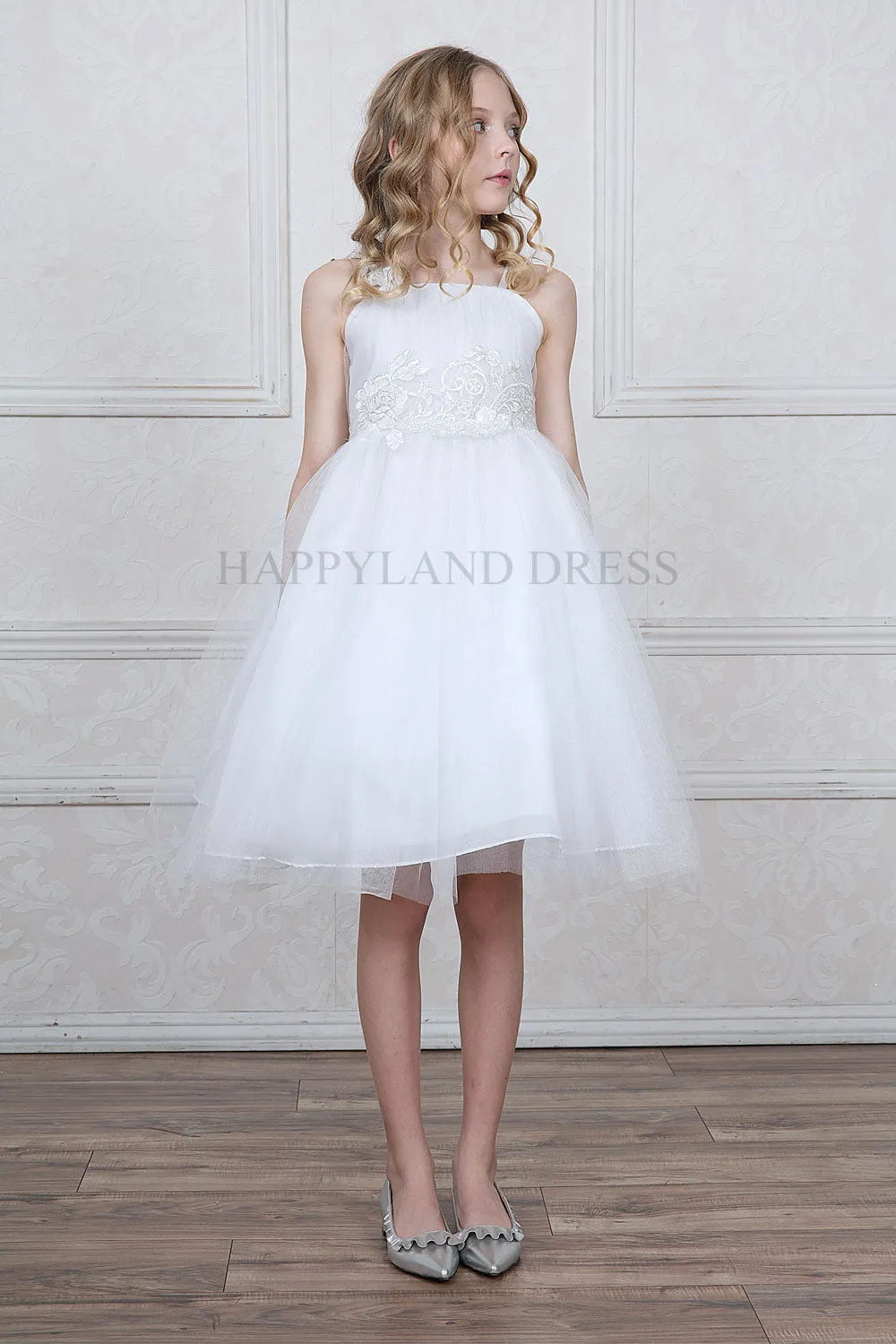 White Ruched Bodice with Flower Applique Tea Length Dress #212767