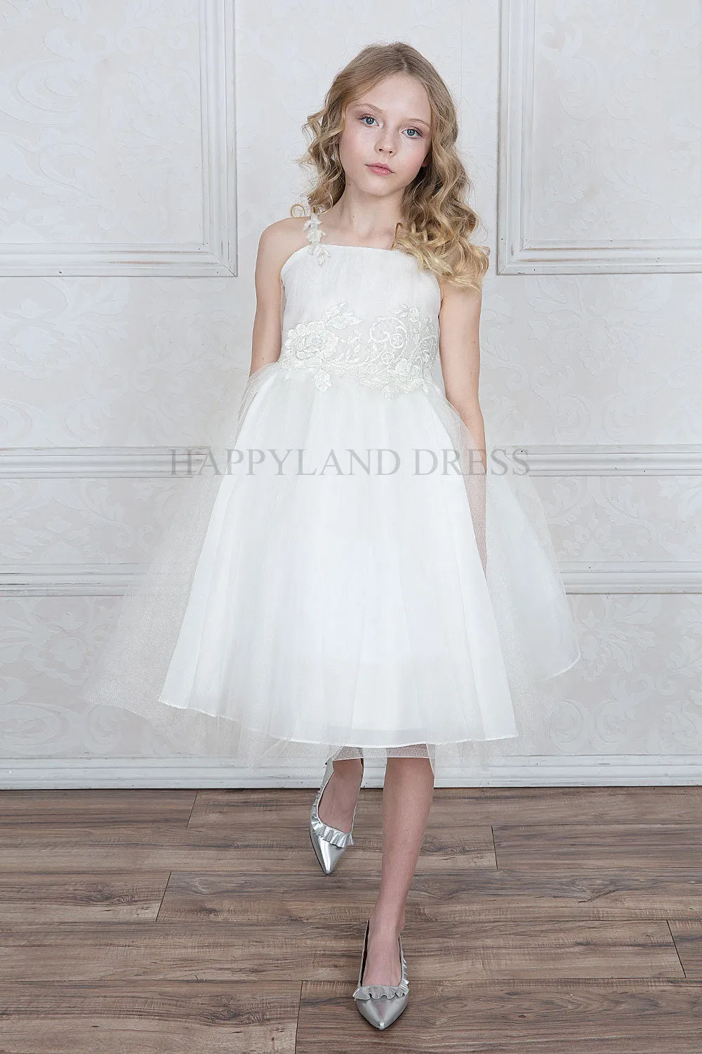 White Ruched Bodice with Flower Applique Tea Length Dress #212767