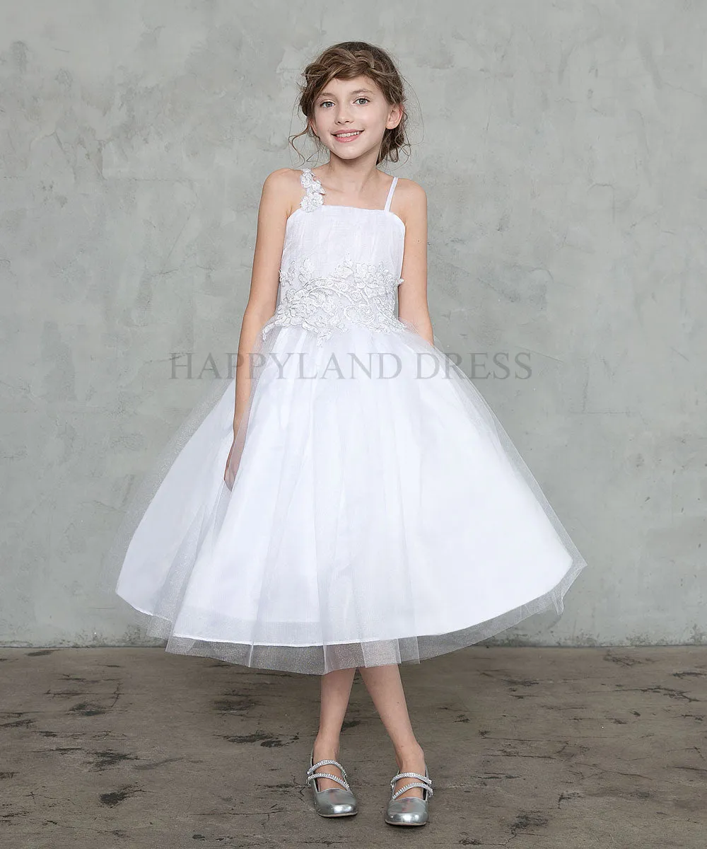 White Ruched Bodice with Flower Applique Tea Length Dress #212767