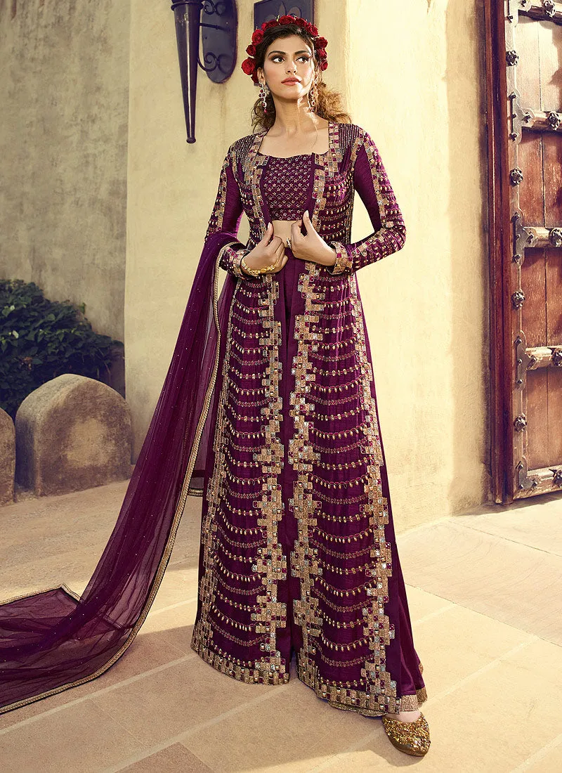 Wine Purple Indo-Western Overcoat Style Palazzo Suit