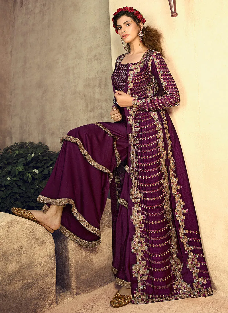 Wine Purple Indo-Western Overcoat Style Palazzo Suit