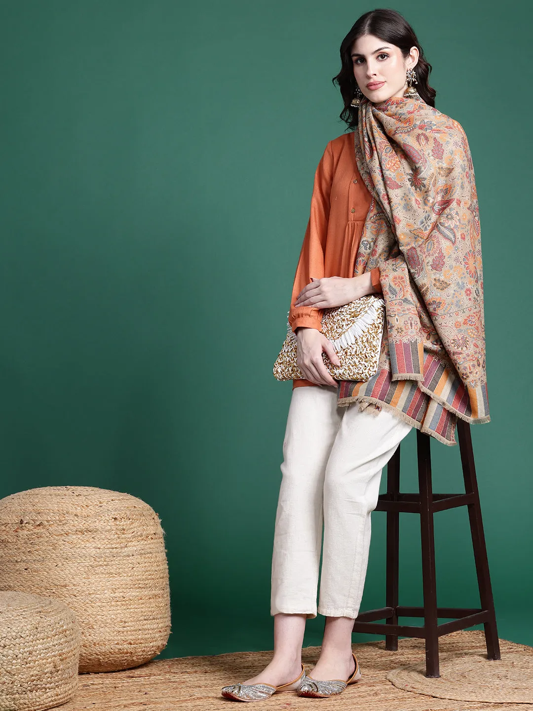 Women Beige Floral Woven Design Woollen Shawl