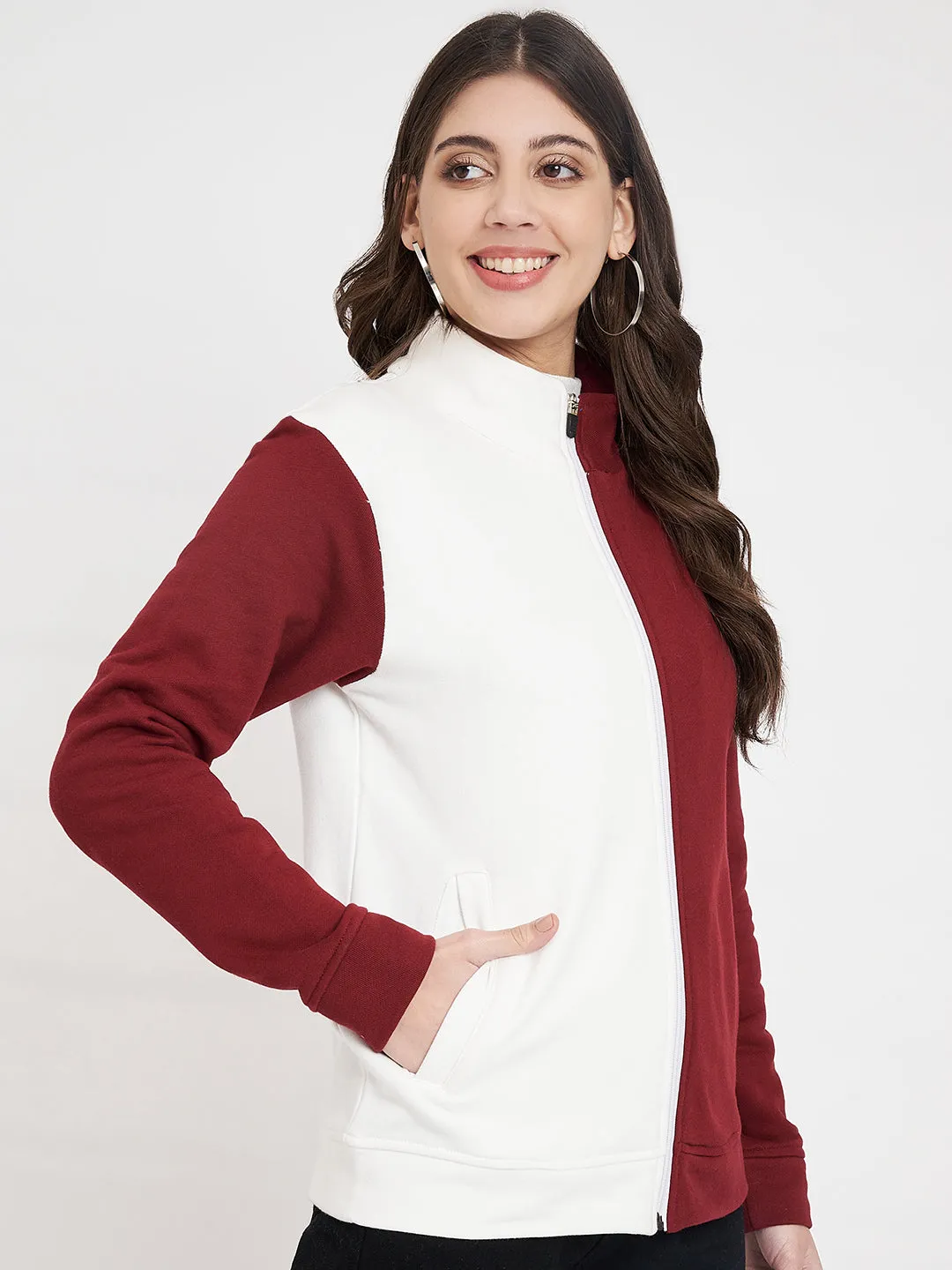 Women Colourblocked Mock Collar Maroon Bomber Jacket