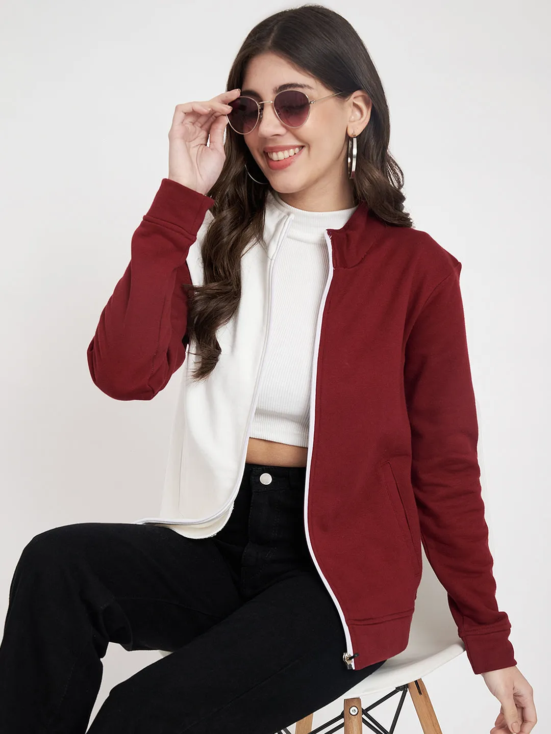 Women Colourblocked Mock Collar Maroon Bomber Jacket