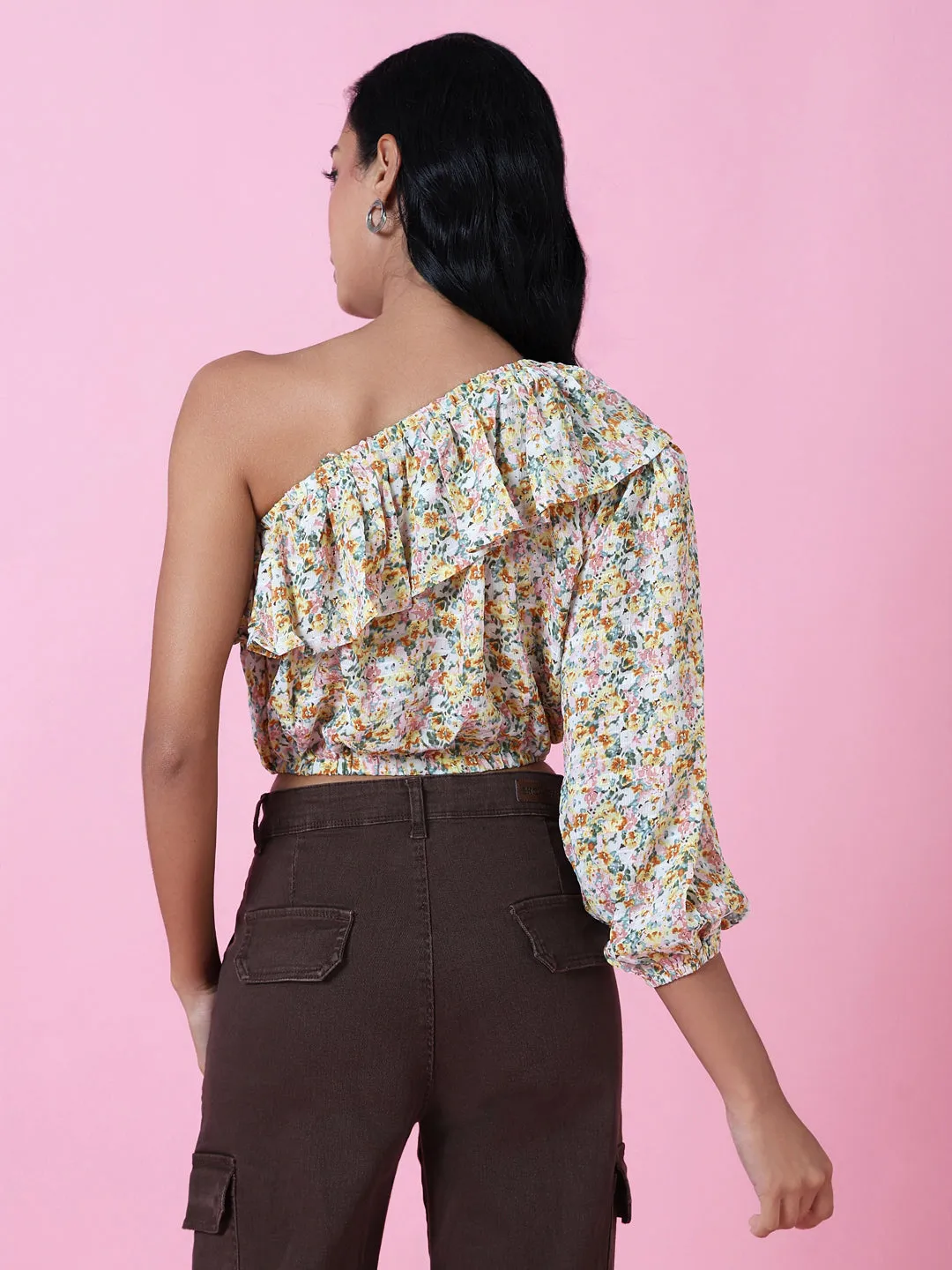 Women Yellow Floral Crop Top