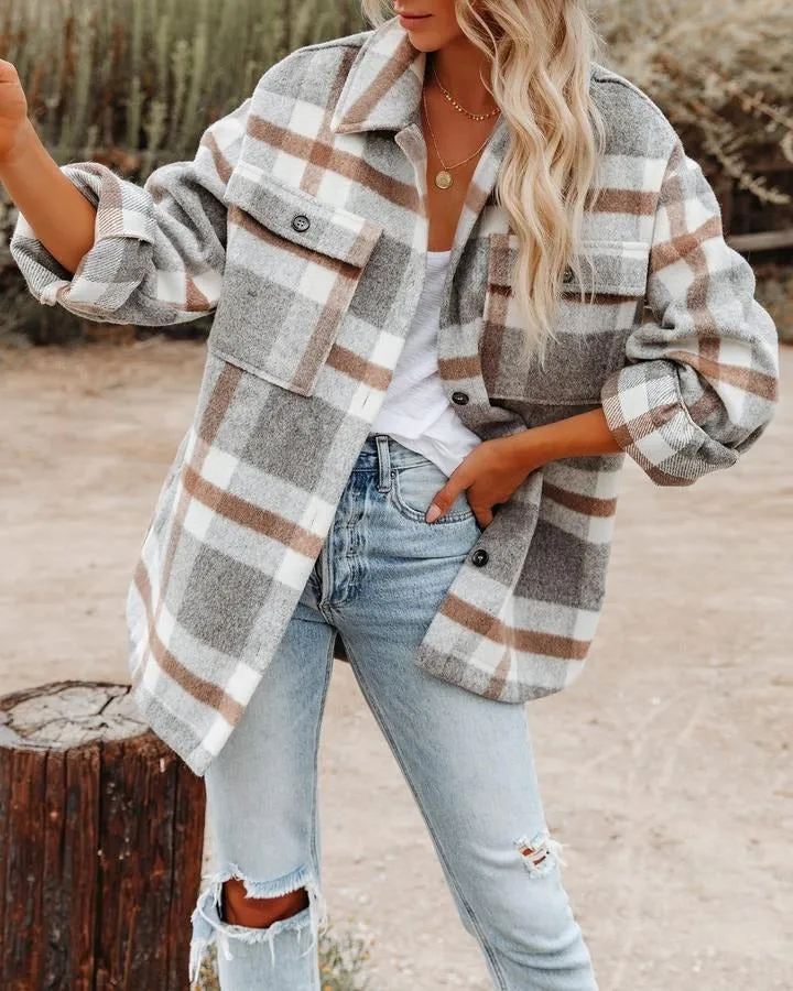 Women's Long Sleeve Plaid Wool Coat