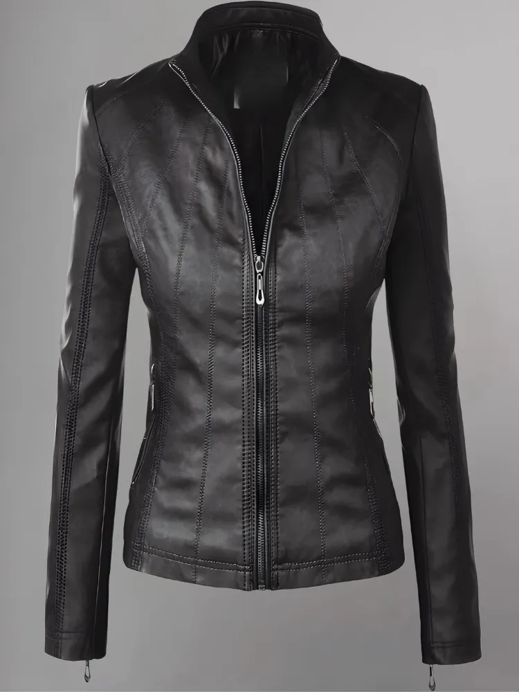 Womens Panelled Real Leather Moto Jacket