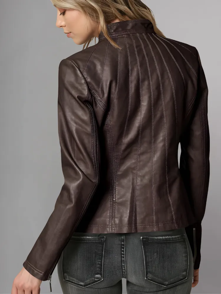 Womens Panelled Real Leather Moto Jacket