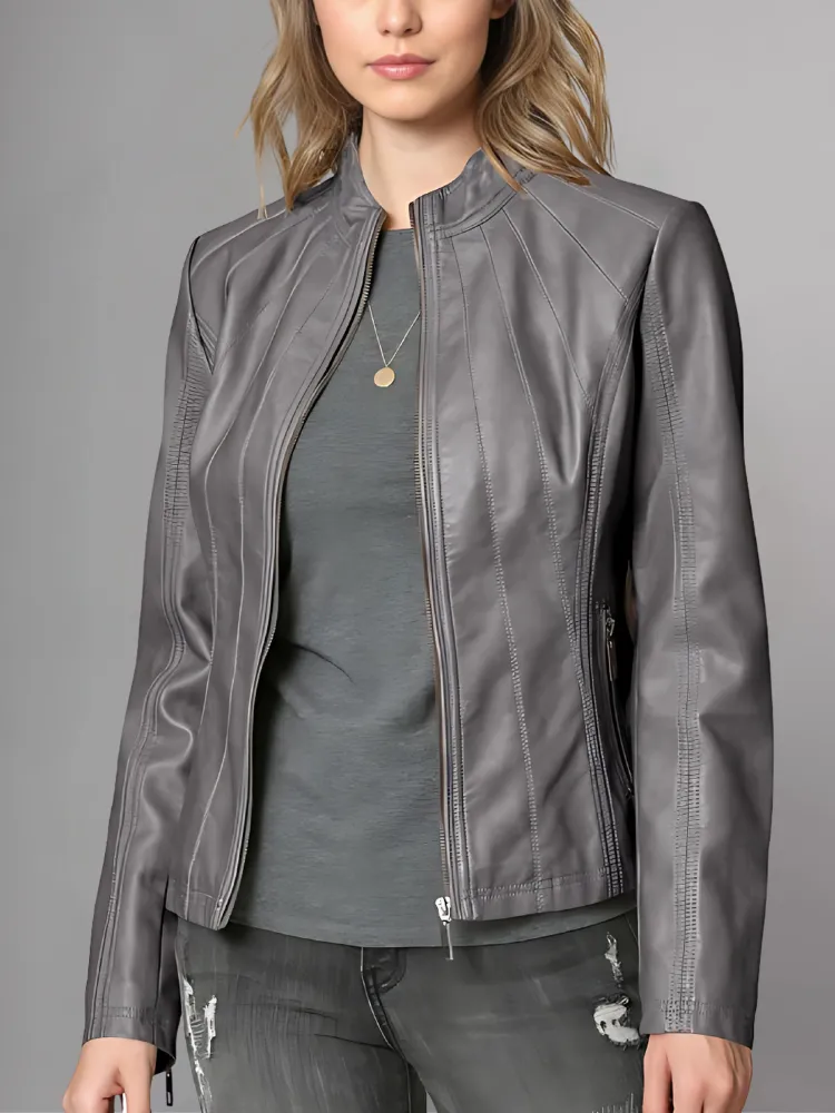 Womens Panelled Real Leather Moto Jacket