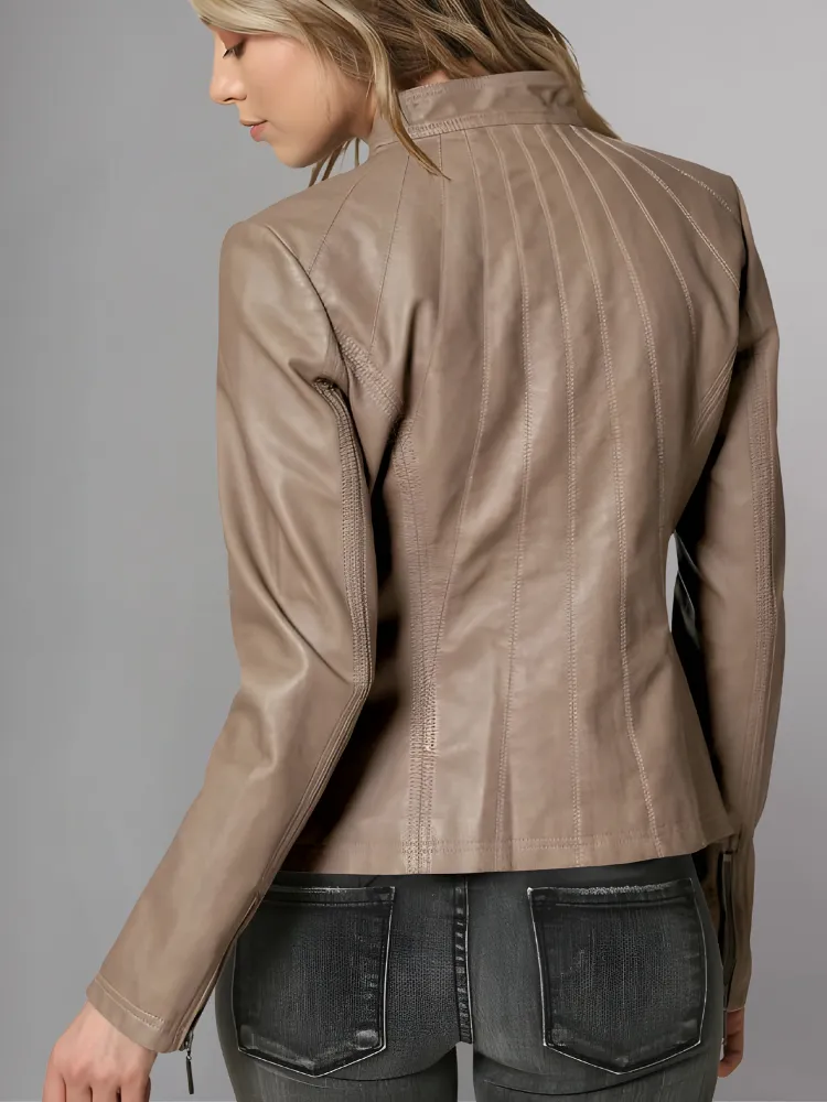 Womens Panelled Real Leather Moto Jacket