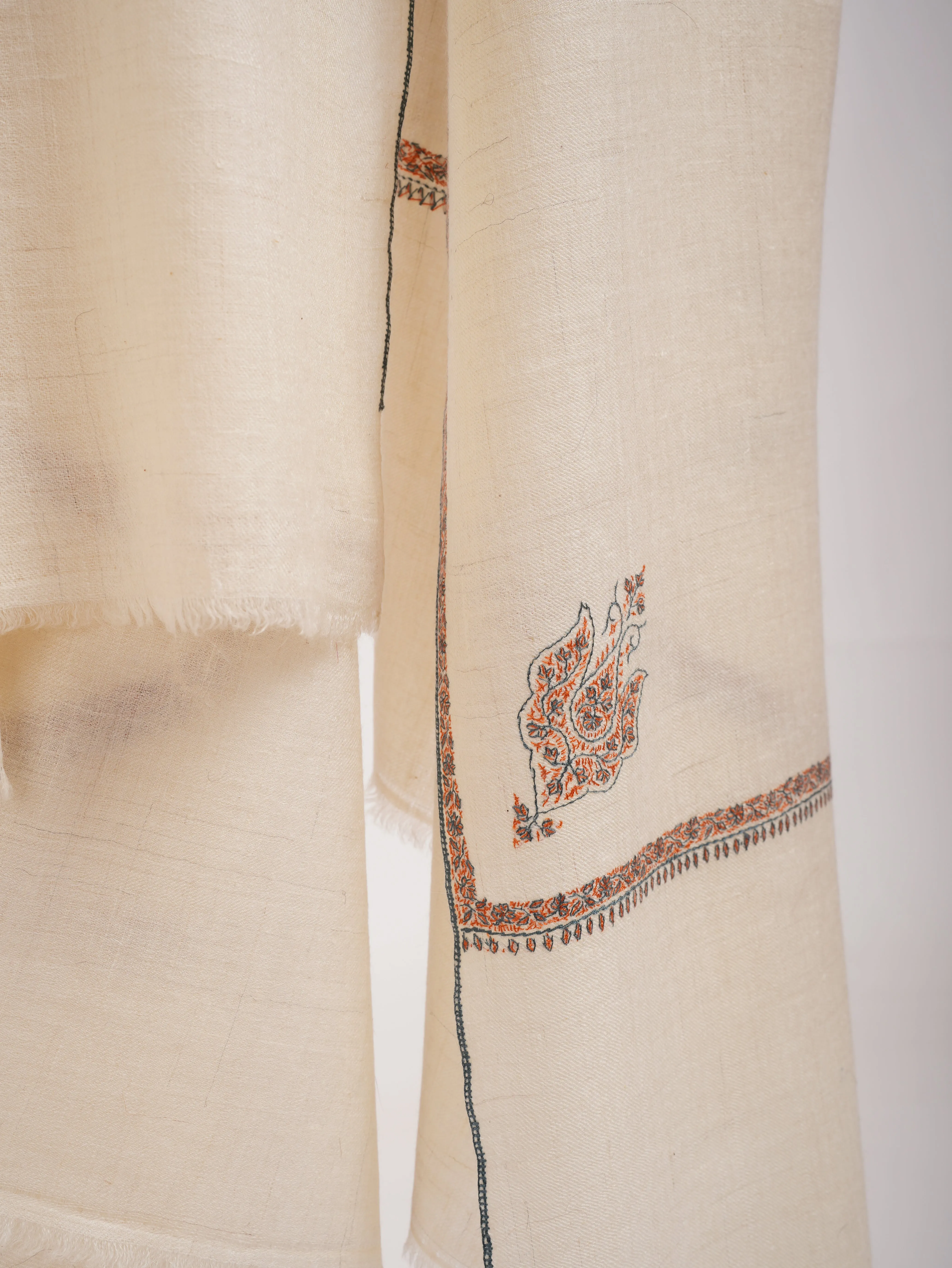 XL White Hand Embroidered Real Kashmiri Pashmina Shawl