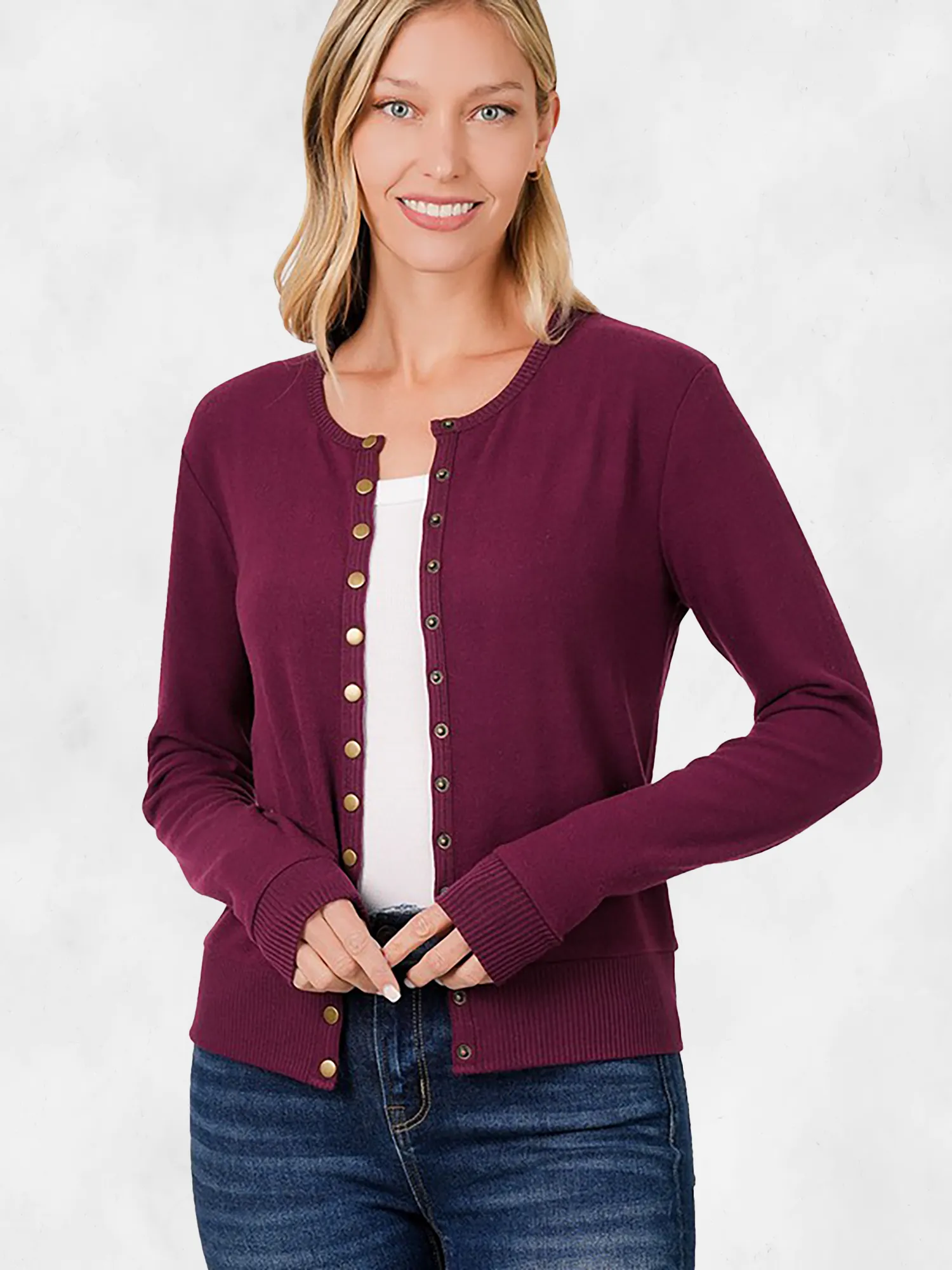 Zenana Dark Crew Neck Snap Button Cardigan