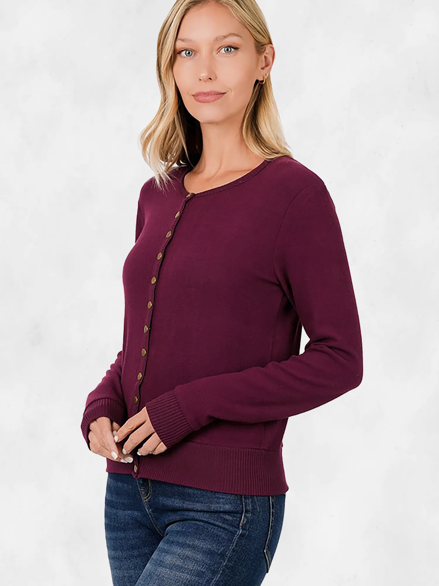 Zenana Dark Crew Neck Snap Button Cardigan